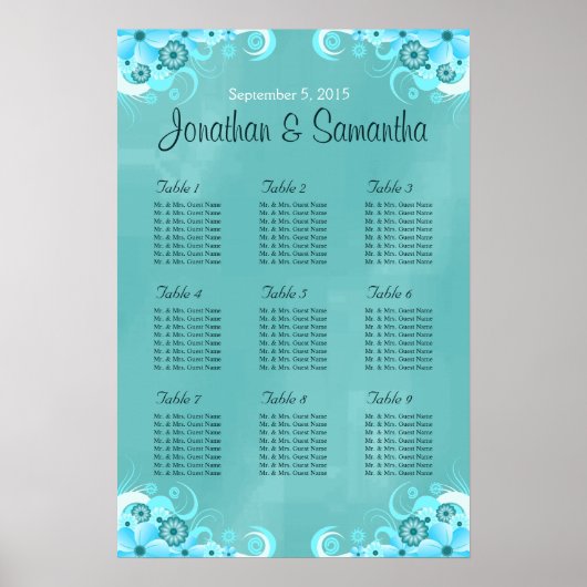 Aqua Blue Turquoise Floral Mariage Tableau Cartes (Devant)