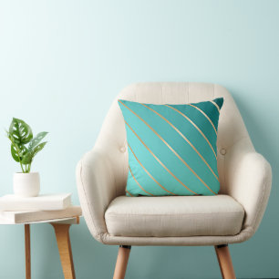 Aqua Blue Turquoise & Gold Stripe Ombre Accent Kussen