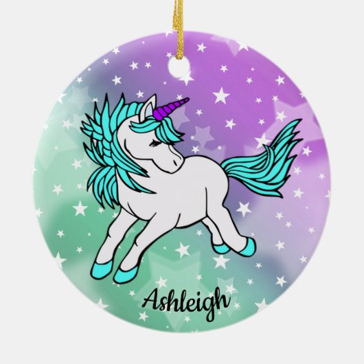 Aqua Blue Unicorn Starry Design Ceramic Ornament (Achterkant)