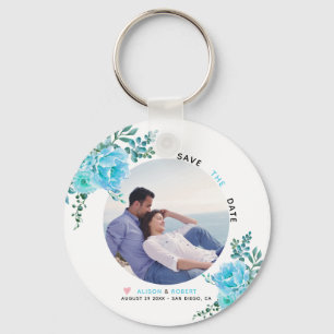 Aqua blue waterverf bloemen, groene bladeren foto sleutelhanger
