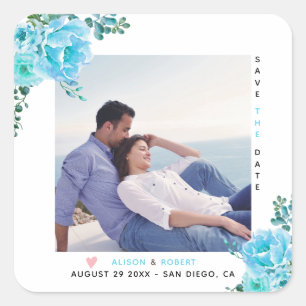 Aqua blue waterverf bloemen, groene bladeren foto vierkante sticker