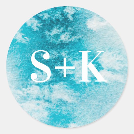 Aqua Blue waterverf Initiaal bruiloft stickers (Voorkant)