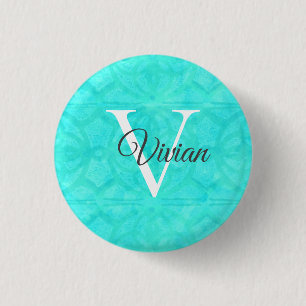 Aqua Blue Waterverf Monogram Naam Ronde Button 3,2 Cm