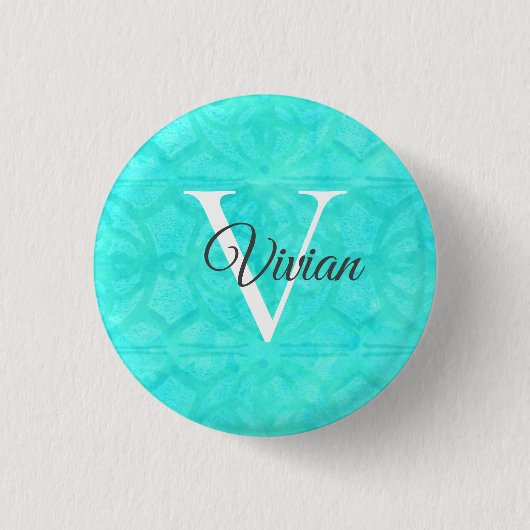 Aqua Blue Waterverf Monogram Naam Ronde Button 3,2 Cm (Voorkant)