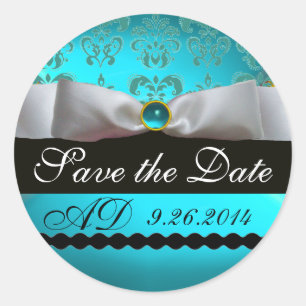 AQUA BLUE WHITE DAMASK RIBBON MONOGRAM Gemstone Ronde Sticker