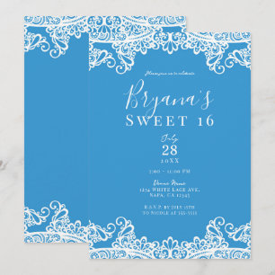 Aqua Blue & White Lace Elegant Sweet 16 Party Kaart
