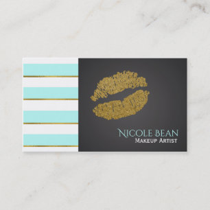 Aqua Blue White Stripes Faux Gold Shine Lips Visitekaartje