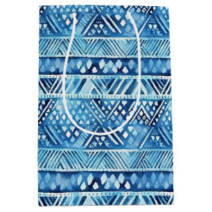 Aqua Blue White Tribal Stripes Stippen Verjaardag Medium Cadeauzakje