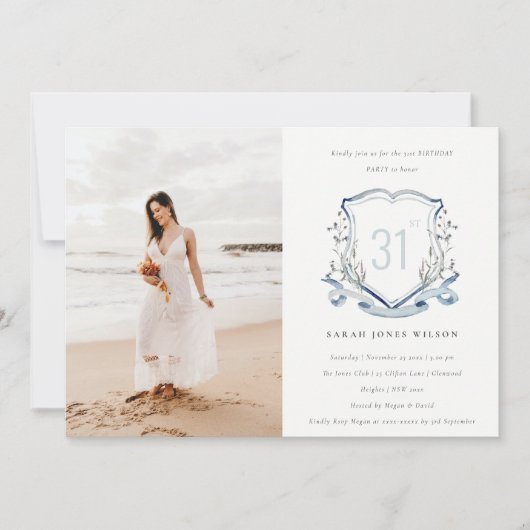 Aqua Blue Wildflower Monogram Crest Fotodag Kaart (Voorkant)