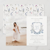 Aqua Blue Wildflower Monogram Crest Fotodag Kaart (Voorkant / Achterkant)