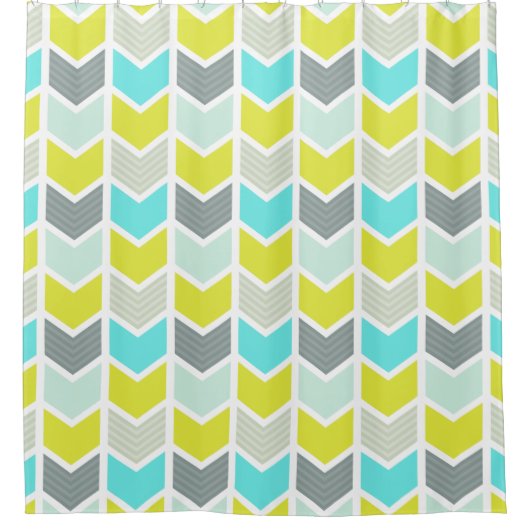 Aqua Blue Yellow Grey Geometric Chevron Pattern Douchegordijn (Voorkant)