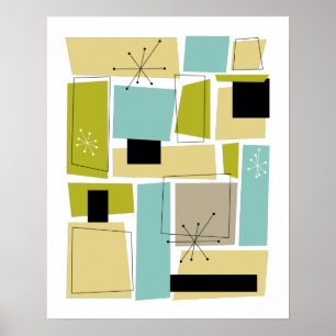 Aqua Blue Yellow Retangles Starburst Mid Century Poster