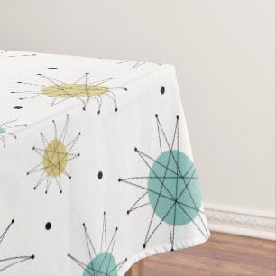 Aqua Blue Yellow Starburst Mid Century Patroon Tafelkleed