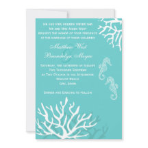 Aqua Blue Zee Coral Seahorse Wedding Invitations