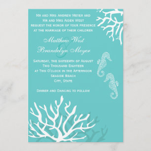 Aqua Blue Zee Coral Seahorse Wedding Invitations Kaart