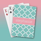 Aqua & Blush Quatrefoil Patroon Aangepaste Naam Pokerkaarten
