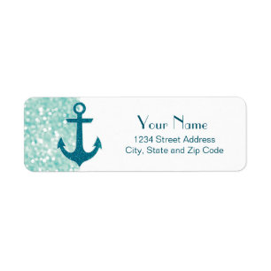 Aqua Bokeh Nautical Glitter Anchor Etiket