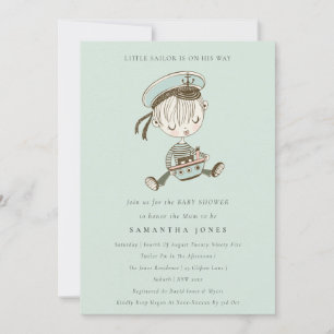 Aqua Boy Little Sailor Nautical Baby shower Invite Bedankkaart