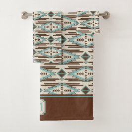 Aqua Brown Aztec Pattern Monogram Bad Handdoek