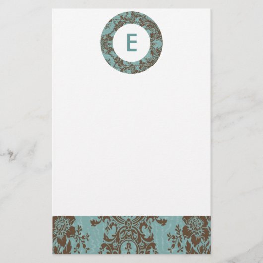 Aqua Brown Damask Monogram Briefpapier (Voorkant)