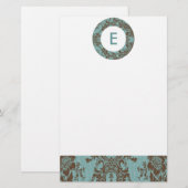 Aqua Brown Damask Monogram Briefpapier (Voorkant / Achterkant)