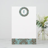 Aqua Brown Damask Monogram Briefpapier (Staand voorkant)