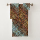 Aqua Brown Mosterd Sinaasappel Abstract patterned Bad Handdoek (Insitu)