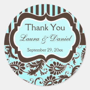 Aqua, Bruin, Wit Gestreepte Damask Trouwgunst Ronde Sticker