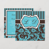 Aqua, bruin, witte gestreept Damask Wedding Invite Kaart (Voorkant / Achterkant)