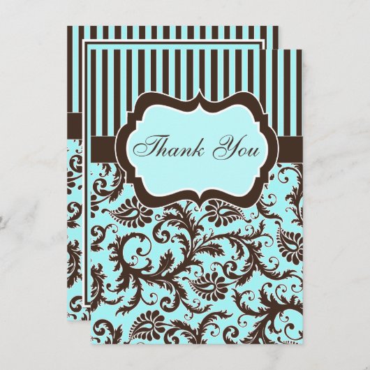 Aqua, Bruin, Witte Striped Damask Hartelijk dank Bedankkaart (Voorkant / Achterkant)