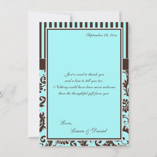 Aqua, Bruin, Witte Striped Damask Hartelijk dank Bedankkaart (Achterkant)