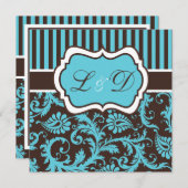 Aqua, brun, invitation rayé blanc de mariage (Devant / Derrière)