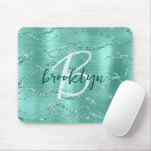 Aqua Brushed Metal Glitter Script Monogram  Muismat (Met muis)