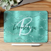 Aqua Brushed Metal Glitter Script Monogram  Muismat