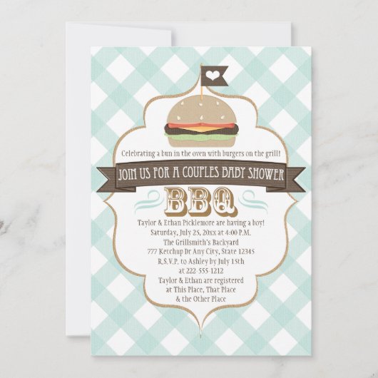 Aqua Burger Couples BBQ Baby Shower Invitations Kaart (Voorkant)