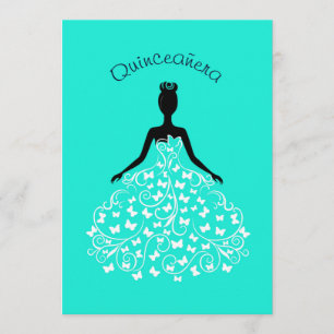 Aqua Butterfly Quinceanera Ball Gown Uitnodiging