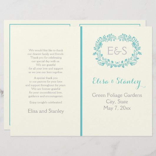 Aqua cadre feuillage bleu cadre plié programme de (Devant / Derrière)