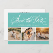 Aqua Calligraphy Script Weduwfoto Collage Save The Date (Voorkant / Achterkant)