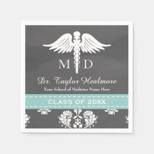 Aqua Chalkboard Caduceus Medical School Afstuderen Servetten