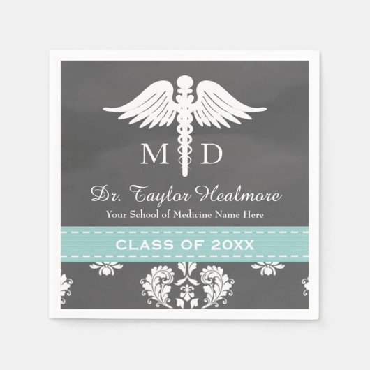 Aqua Chalkboard Caduceus Medical School Afstuderen Servetten (Voorkant)