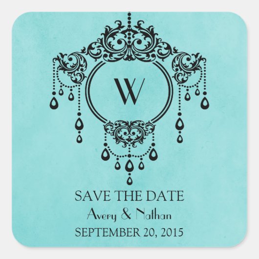 Aqua Chandelier Save the Date Stickers (Voorkant)