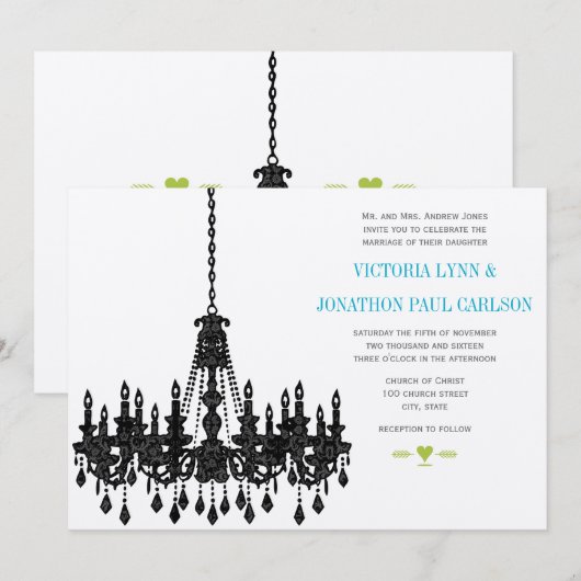 Aqua Chandelier Wedding Invitations Roaring 20 Kaart (Voorkant / Achterkant)