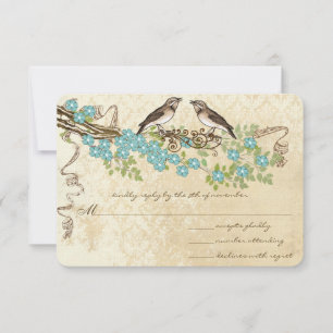 Aqua Cherry Blossom Bird Weddings RSVP Kaartje