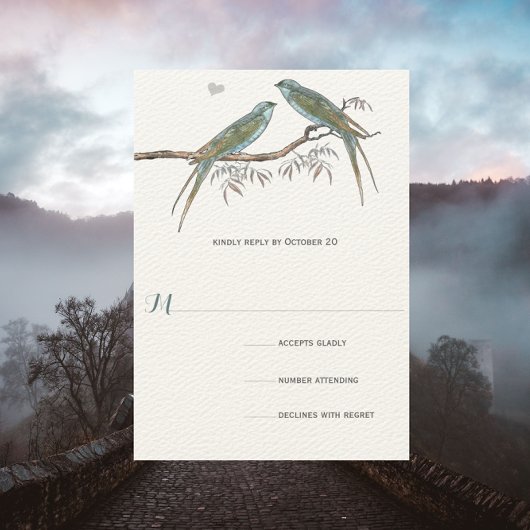 Aqua Cherry Blossom Bird Weddings RSVP Kaartje