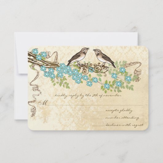 Aqua Cherry Blossom  Bird Weddings RSVP Kaartje (Voorkant)