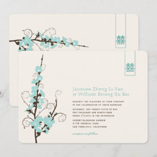Aqua Cherry Blossom Sakura Swirls Asian Wedding Kaart