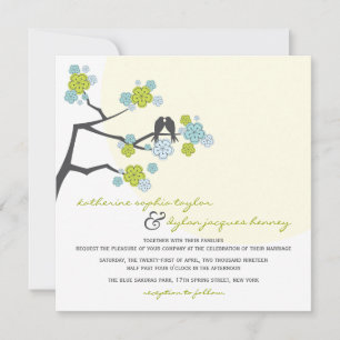 Aqua Cherry Blossom Tortelduifjes Wedding Invite Kaart