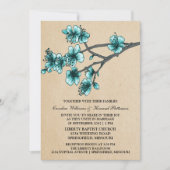 Aqua  Cherry Blossom Wedding Invite Kaart (Voorkant)
