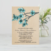 Aqua  Cherry Blossom Wedding Invite Kaart (Staand voorkant)