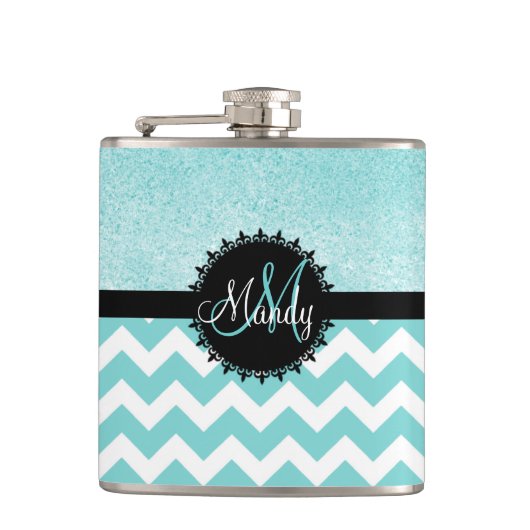 Aqua Chevron Glitter Monogram Flask Heupfles (Voorkant)